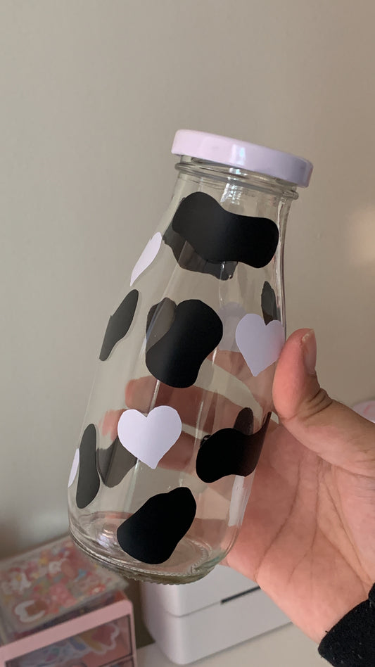 Cow Print with Hearts- Glass Milk Bottle